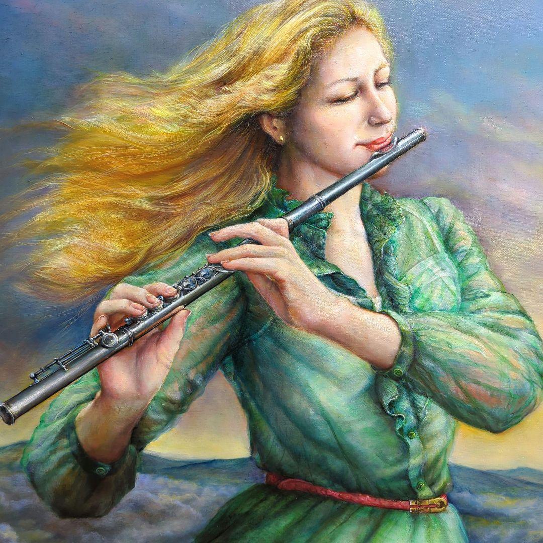人物画　美人画　painterTMK真筆　フルート　女性人物画　油絵