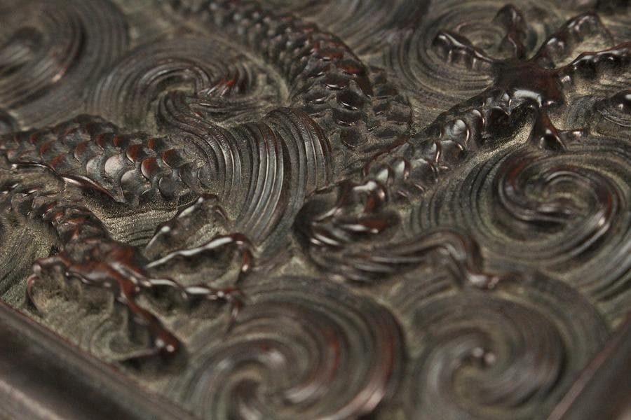 中国美術 紫檀 刻龍紋 四方蓋物(K-A834)