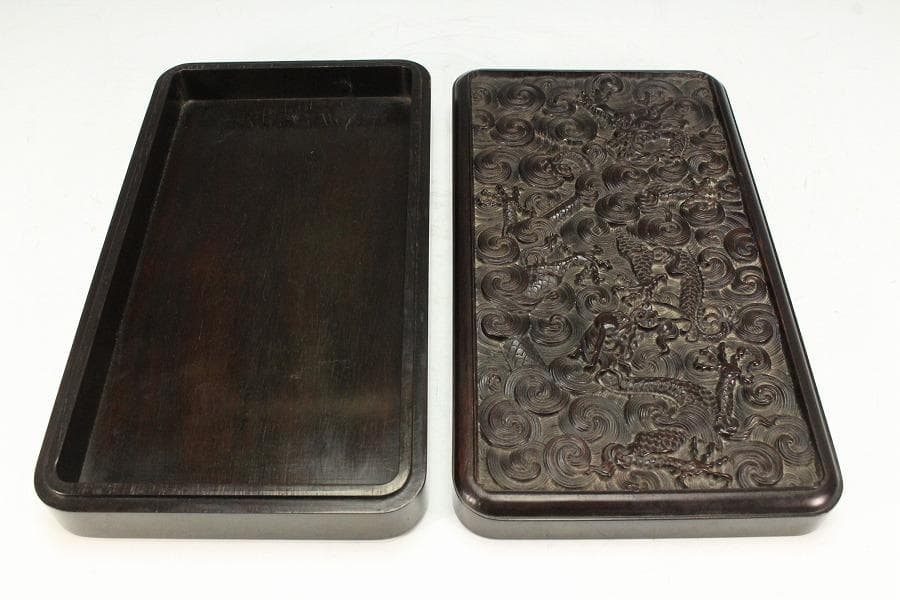 中国美術 紫檀 刻龍紋 四方蓋物(K-A834)