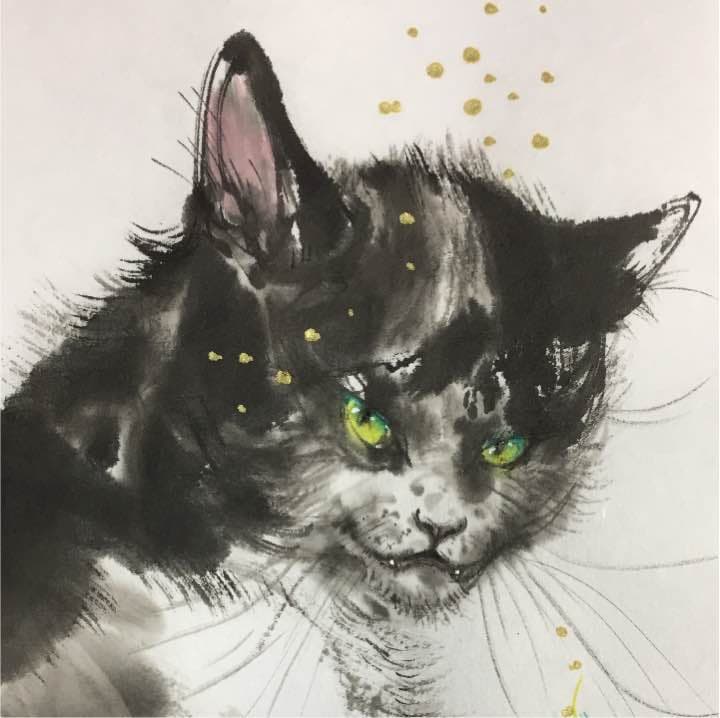 青い炎と猫、和紙34cm×24,8cm,墨