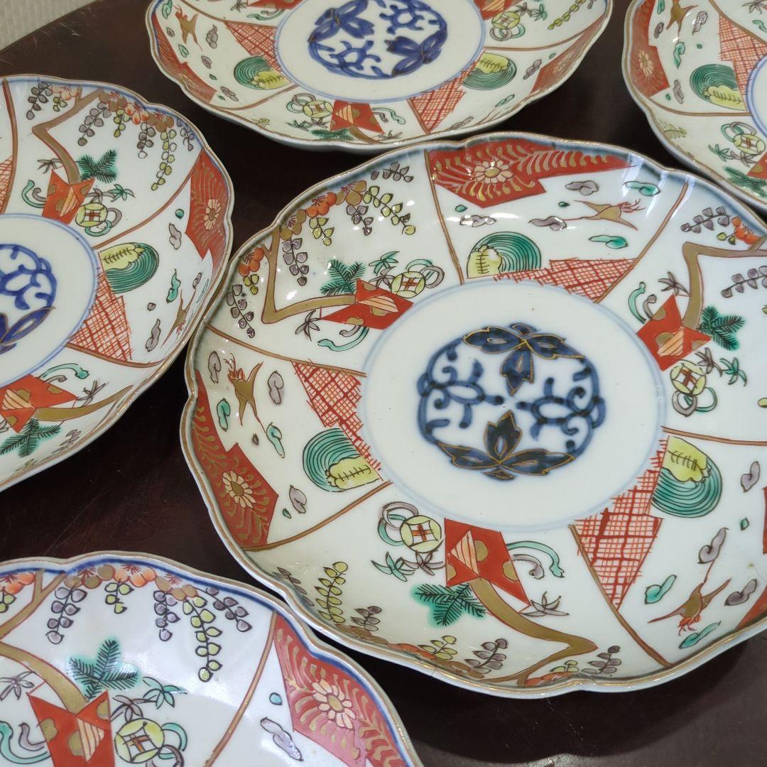 骨董 古伊万里 七寸皿 22cm 色絵 中皿 陶器 皿 金彩 アンティーク ５枚