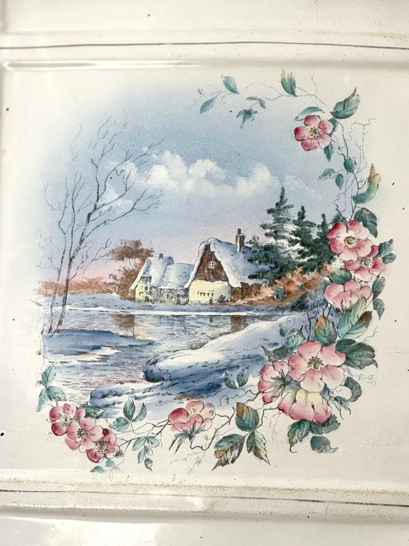 フランスアンティーク ホーローレードルラック花と風景の手描き絵 ハンドペイント
