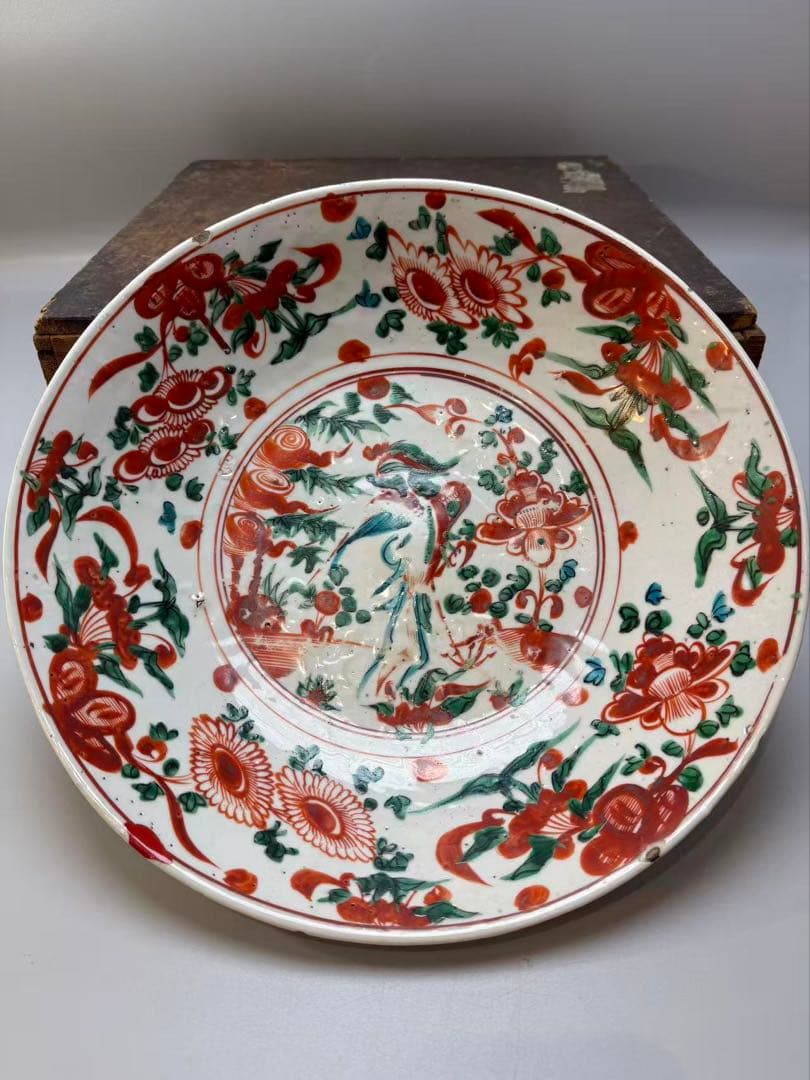DT518 中国美術 呉須赤絵 鳳花紋皿 35.5cm 明末期 美品