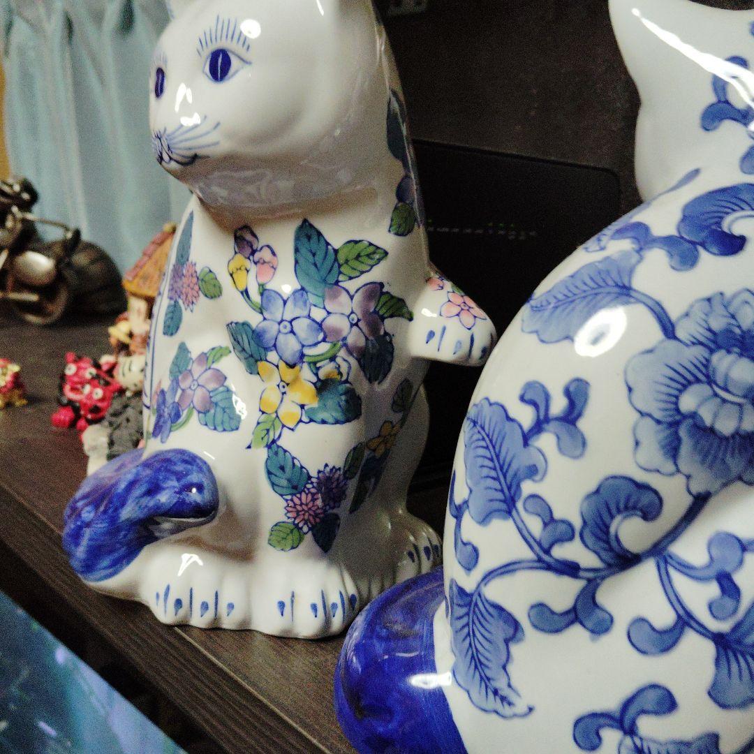 日本の磁器ナニキネコ花柄の陶器製猫の置物 Sanrio