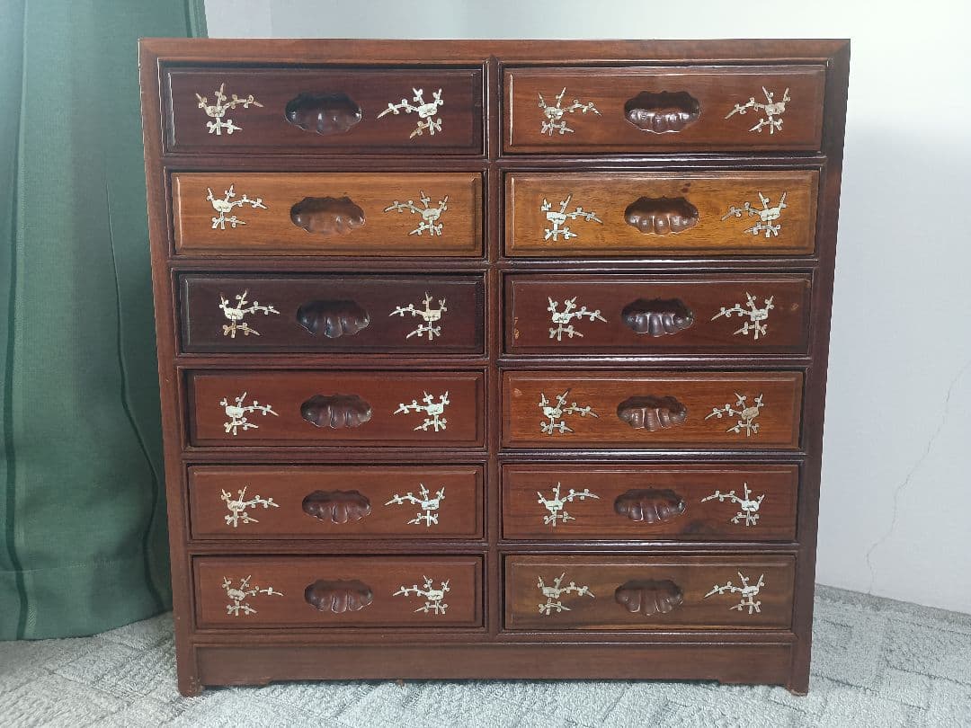 花梨材 棚 漆塗り 螺鈿細工 引出し付 収納家具