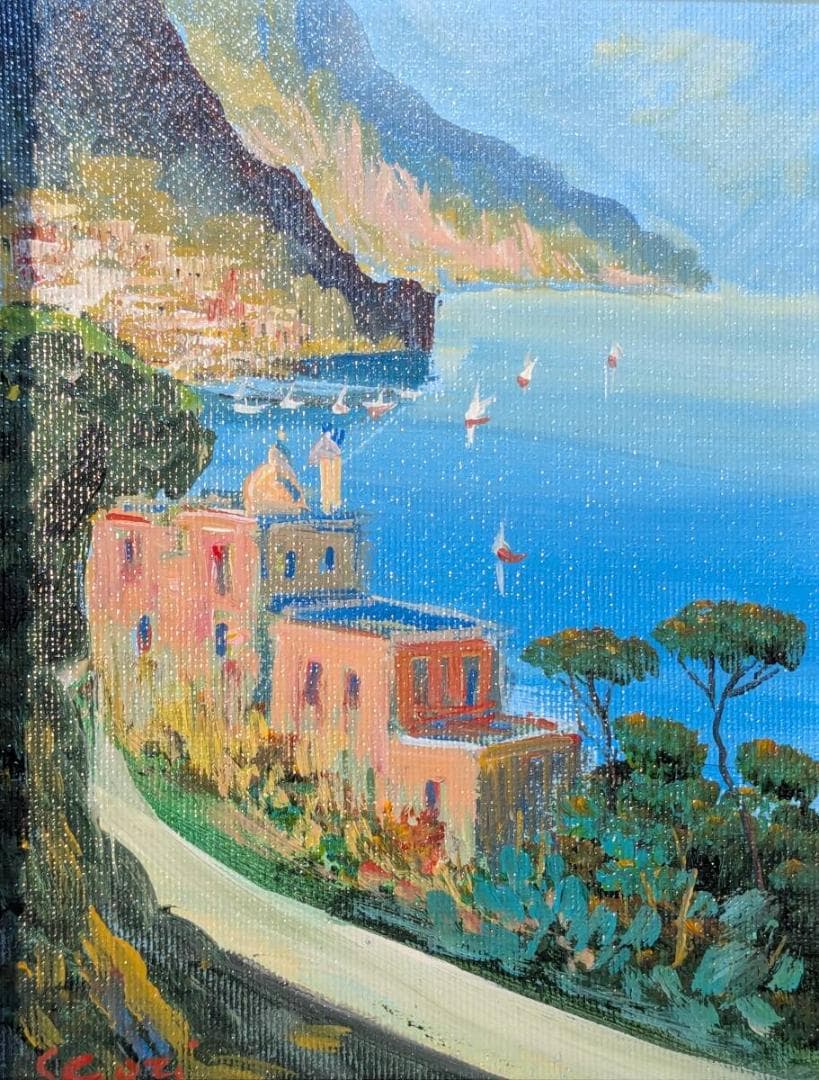 【真作】絵画　油彩0号　地中海の風景画　青い海の見える街　W149