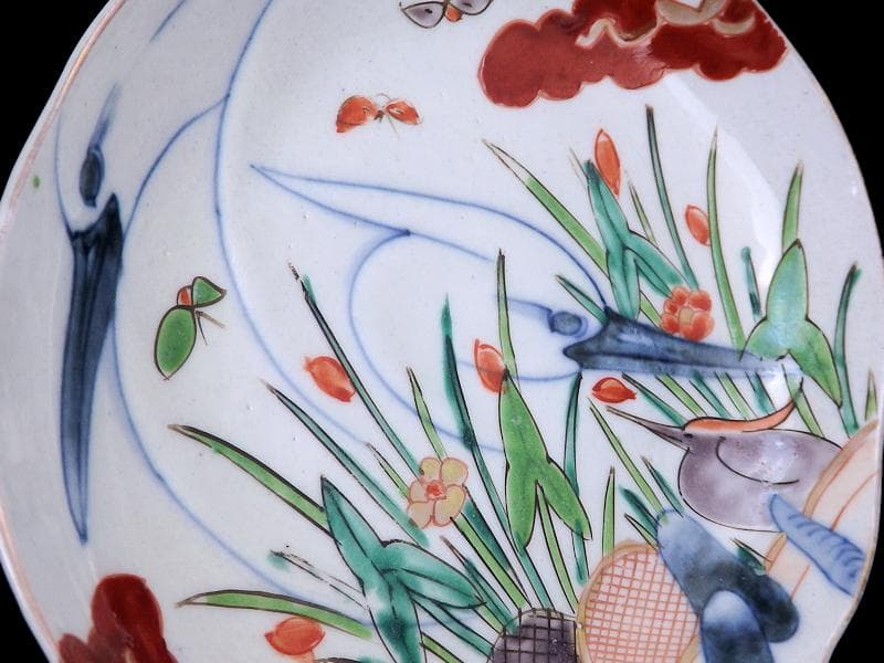 辻製　宮内庁御用達　色絵　双鷺に沢瀉の図　変形皿　５客　E943AS-fbrｍ