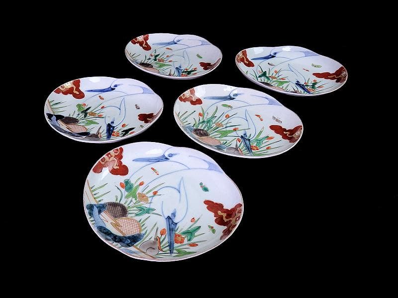 辻製　宮内庁御用達　色絵　双鷺に沢瀉の図　変形皿　５客　E943AS-fbrｍ