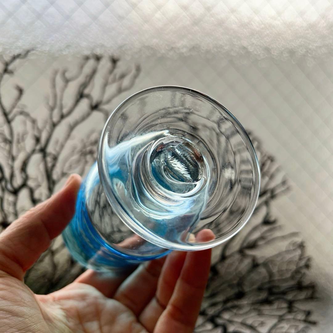 骨董　時代ガラス　青被せ　希少　菖蒲紋切子　ベル型氷コップ　ウラン１客