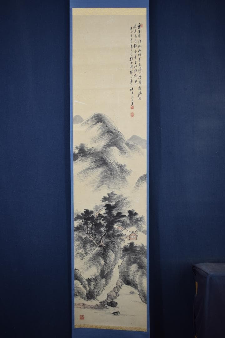 【真作】谷秋渚/山水画賛/山村図/掛軸☆宝船☆Z-586