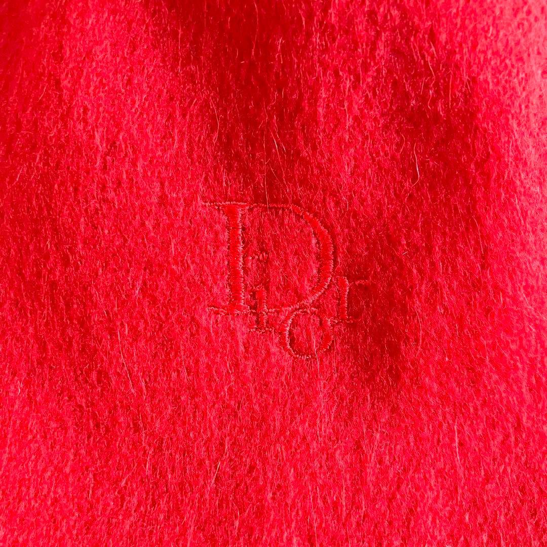 クリスチャンディオール カシミヤ100% ロゴ刺繍 フリンジマフラー レッド
