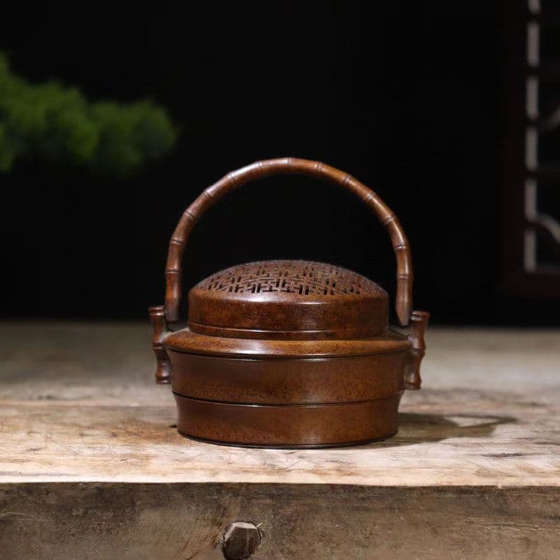 銅製 提梁暖手炉 竹節手提げ暖手炉 香炉 香道具 装飾品 工芸品 置物