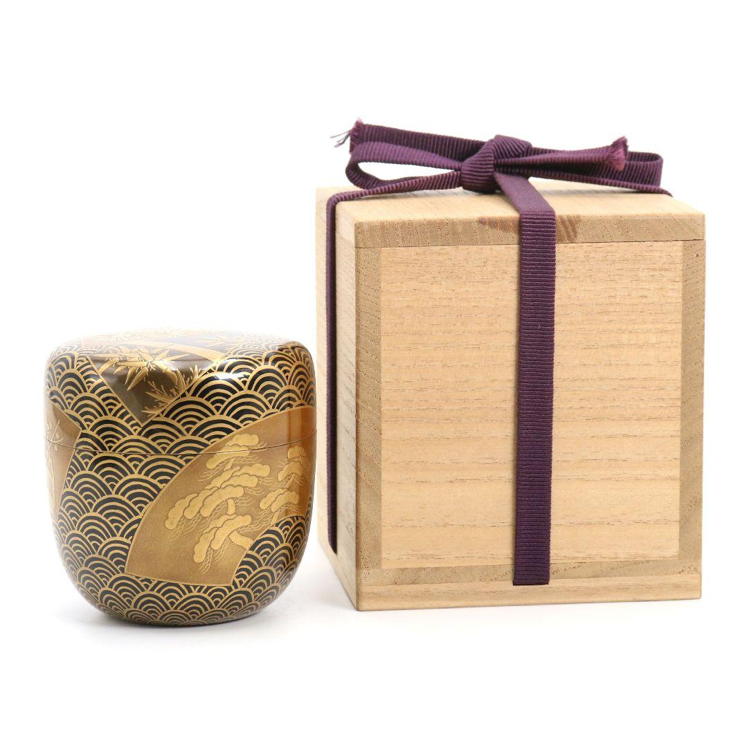 青海波に五君子蒔絵 中棗 松竹梅 内金梨子地 茶道具　M881