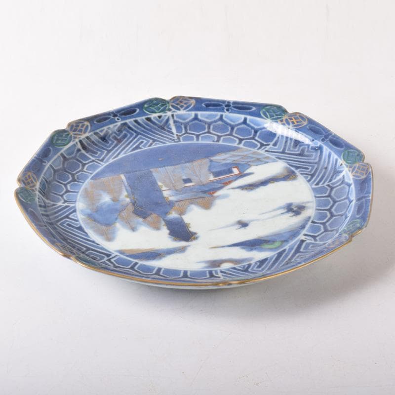 伊万里焼　古伊万里　富長貴春　染付　山水文　輪花皿　時代箱付　C　8264