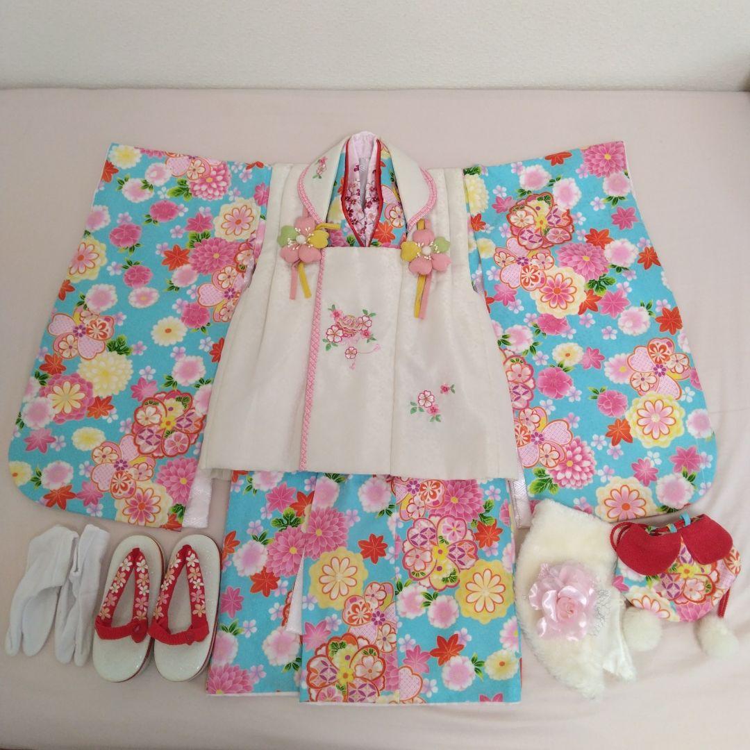 七五三8点①花刺繍被布着②着物③花刺繍襟長襦袢④髪飾り⑤ファー⑥足袋⑦草履⑧巾着