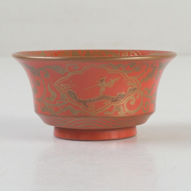 時代根来　朱塗　山水人物蒔絵　杯　盃　在銘　共箱　C　9394