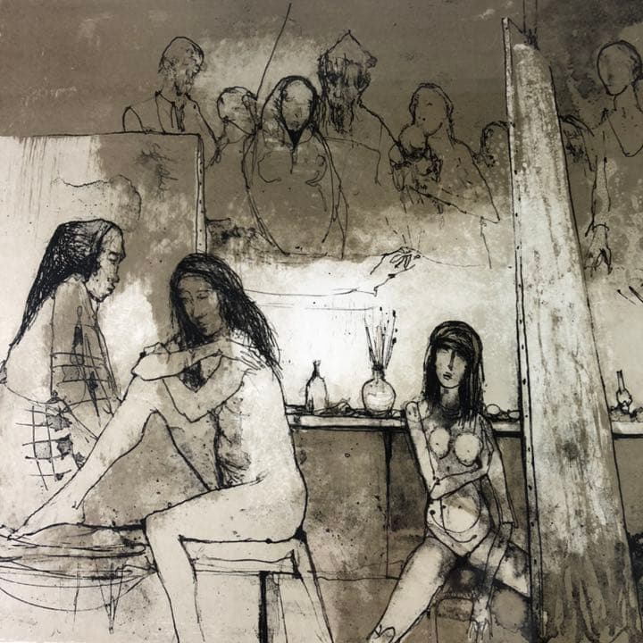 ジャン・ジャンセン「アトリエにいる画家」 リトグラフ　額縁付絵画