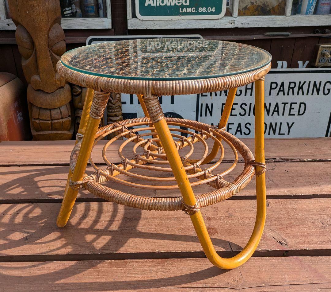 ビンテージ オールド ラタン ガラステーブル コーヒーテーブル