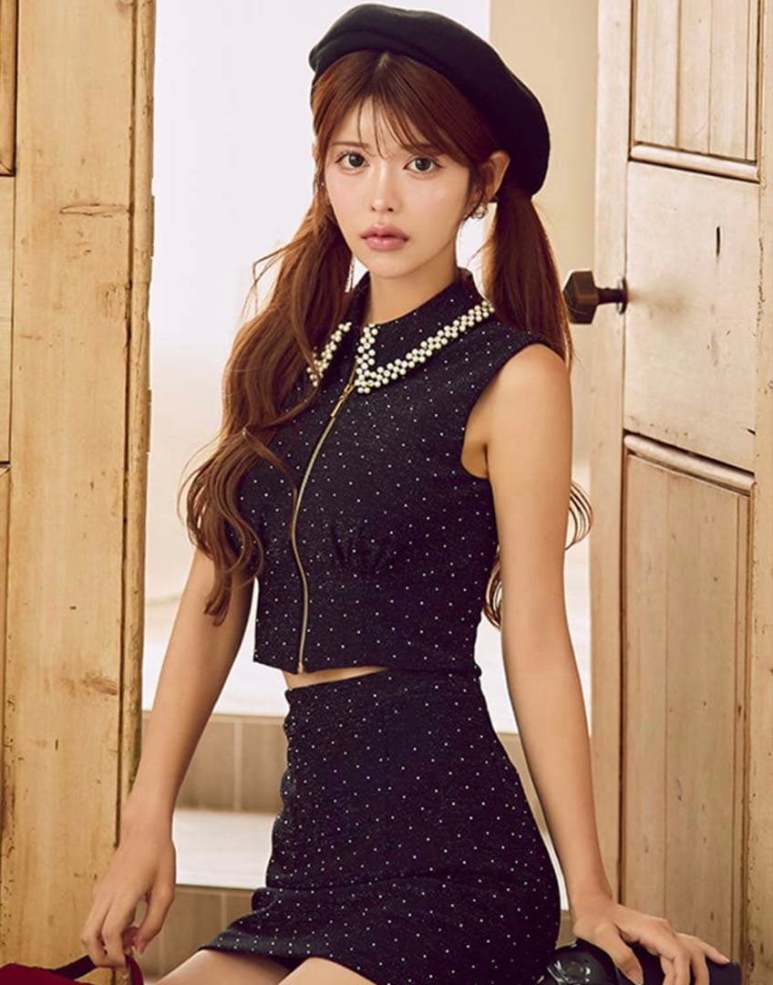 ほ*け様 パール襟フロントジップセットアップドレス XS