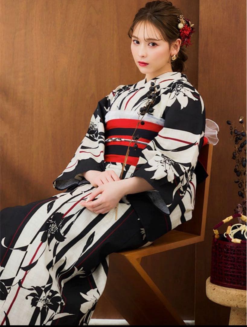 【即日】Suger ストライプ×百合レトロモダン浴衣【浴衣2点セット浴衣/帯】