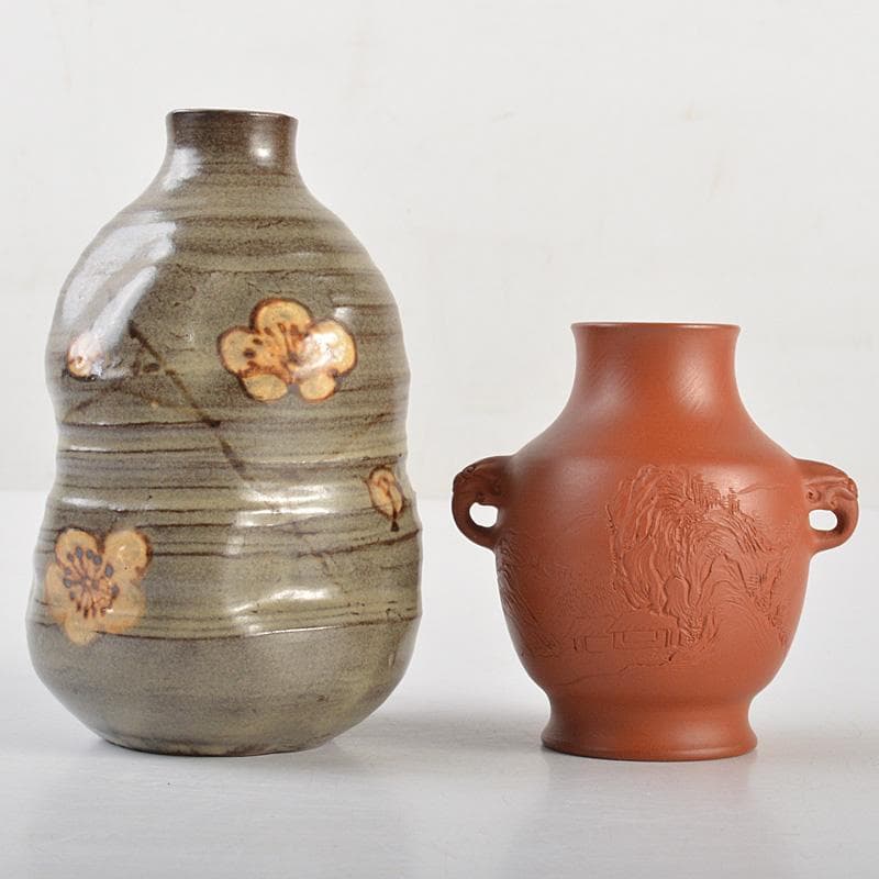 佐渡無名異焼　人間国宝　金渓堂　伊藤赤水造　一輪挿　共箱　2点　V　R7315