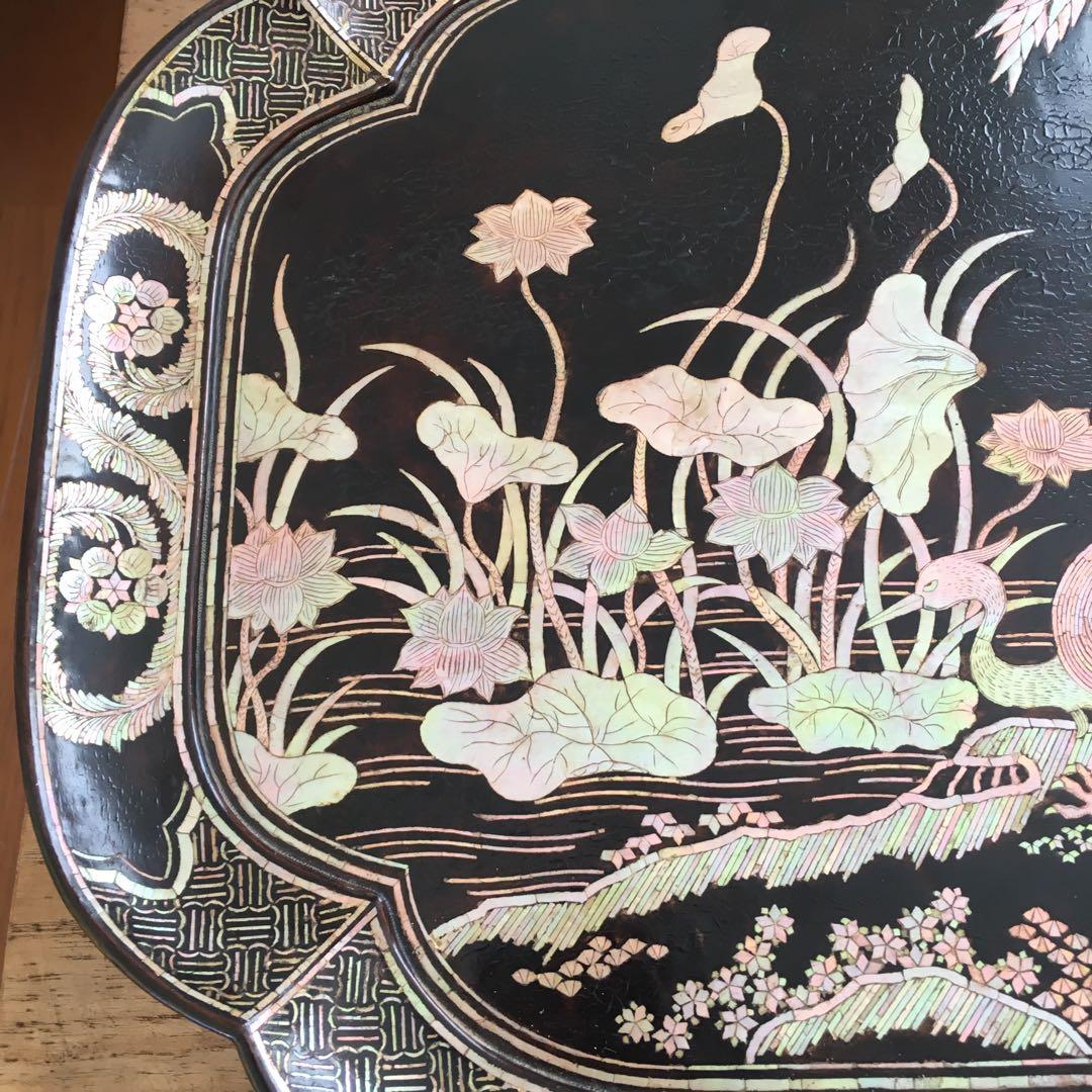 青貝瑞鳥花の図　木瓜形　香合盆　螺鈿細工　共箱