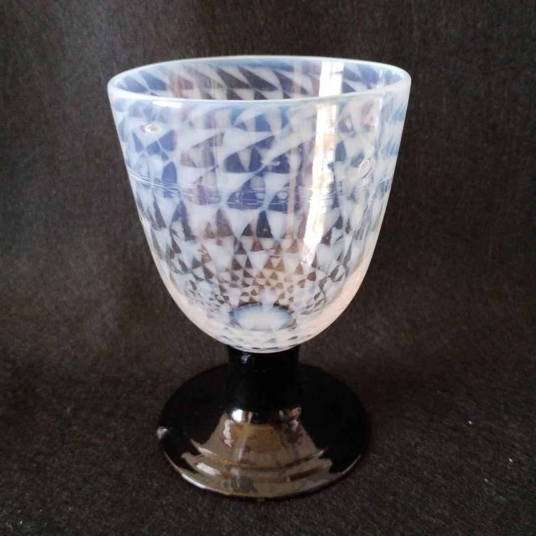 氷コップ　和ガラス乳白透かし鱗文なつめ型黒脚