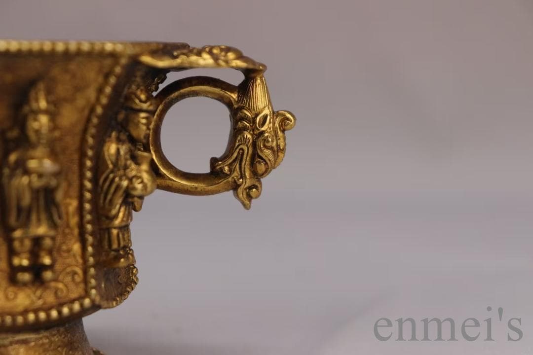 中国古美術 旧蔵 唐代 大唐貞觀款 鍍金銅酒杯 八仙紋 純手作り 精銅製 酒具
