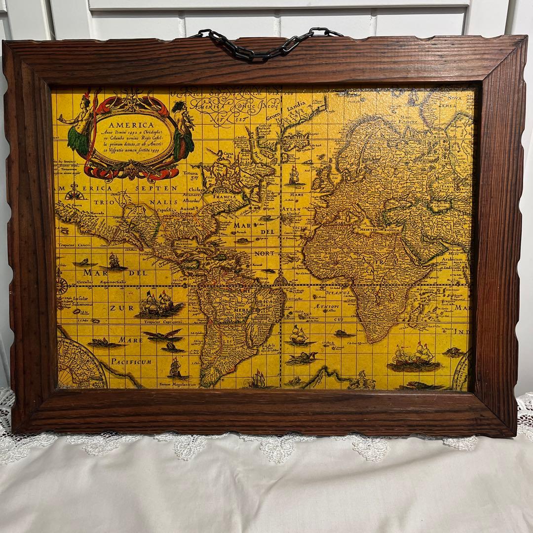 Antique アンティーク 世界地図 木製 額 スペイン製