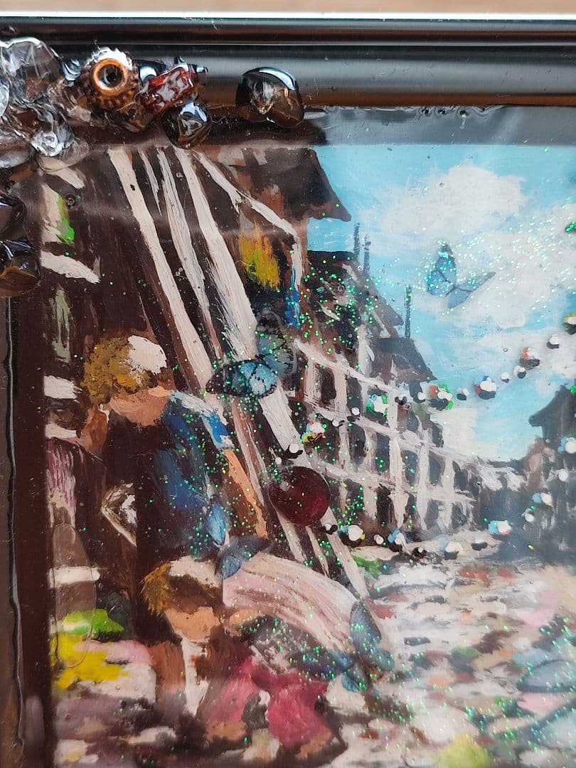 絵画　レジン　約束　スラム街の少年と少女（ガーネット,サンストーン水晶）