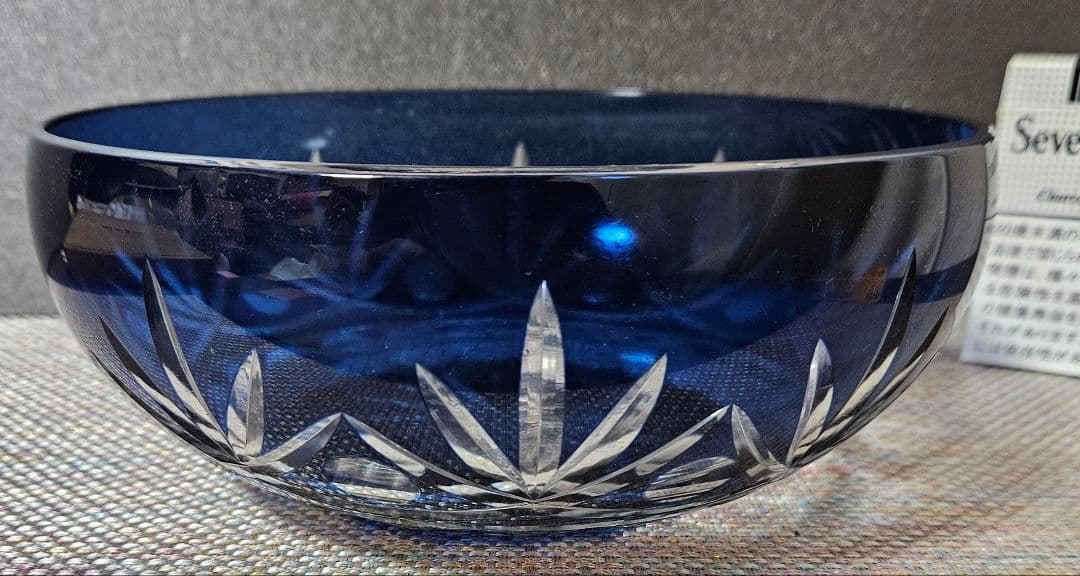 江戸切子　現代作品　青色被せ切子硝子 ガラス　鉢　菓子鉢　茶道具　茶器　共箱