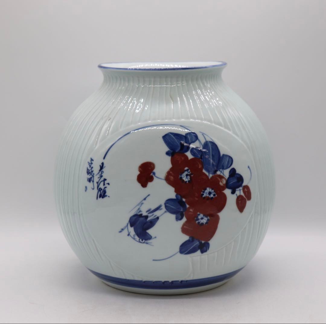 中国　于暁明作　青華釉裏紅　童子花鳥紋扁壺　送料込み250829 (中棚)