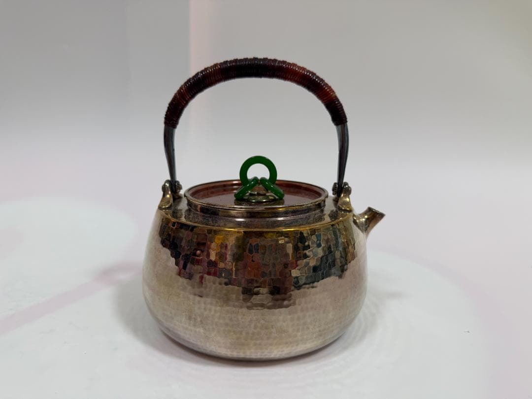 純銀製 鎚目打 丸形 三環摘 湯沸 銀瓶 煎茶道具