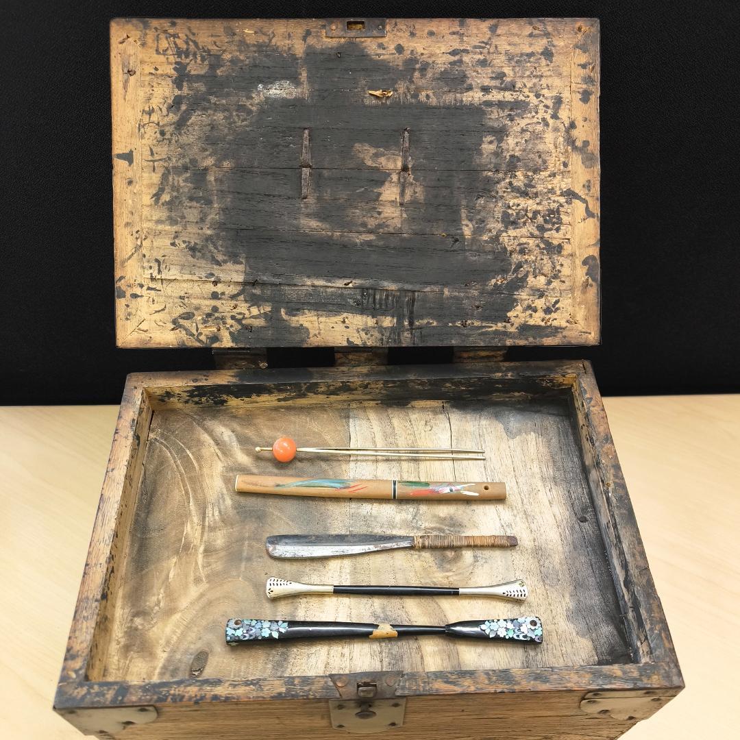 明治時代 木製 鉄金具 文箱 古銭箱 時代箪笥 小箪笥 レトロ家具 硯箱