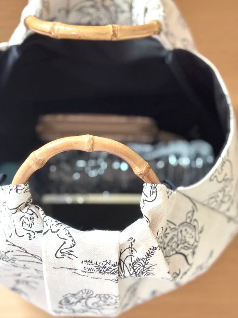 和装バック　着物バック和柄コットン生地・鳥獣戯画（アイボリー）入学卒業結婚式振袖