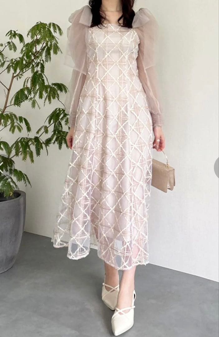 レースリボンオフショルドレス ピンク