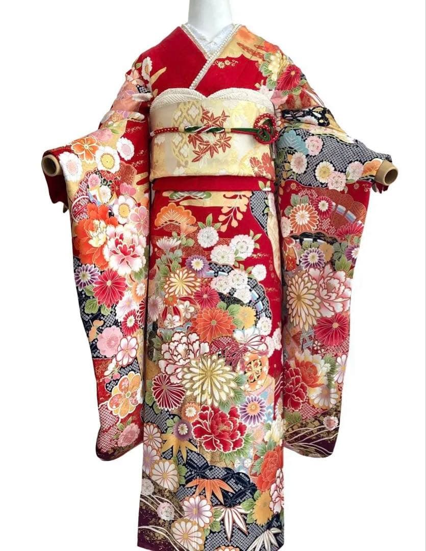 赤 古典柄 ゆったり 振袖7点セット‼️ 成人式 フルセット NO6ま6