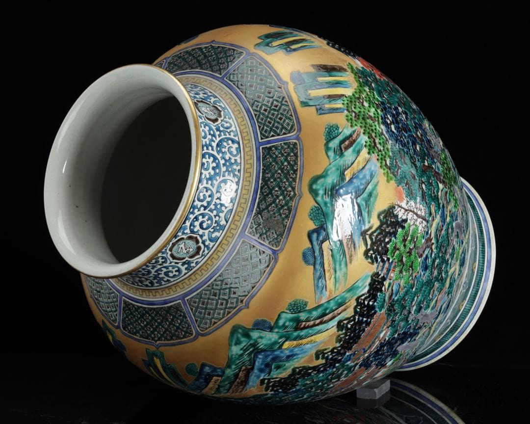 九谷焼 聚山作 金彩色絵 楼閣山水図 特大飾壺 高48㎝ 在銘 古美術 骨董品