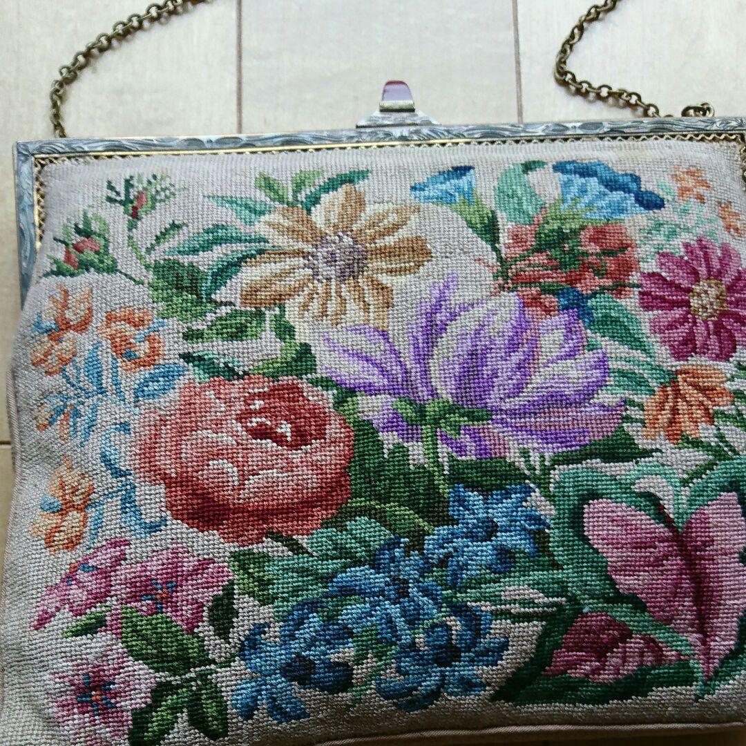 幸せバッグ、クリーニング済み、クロスステッチ、アンティークバッグ