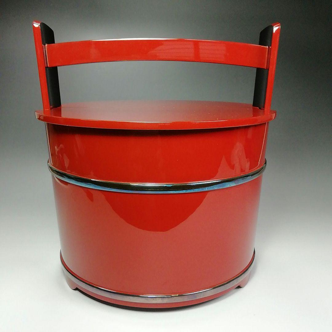 Ｓ４７３　水指　『輪島塗　朱銀箍　手桶水指』『塗師　高崎秋峰』『朱塗』　共箱