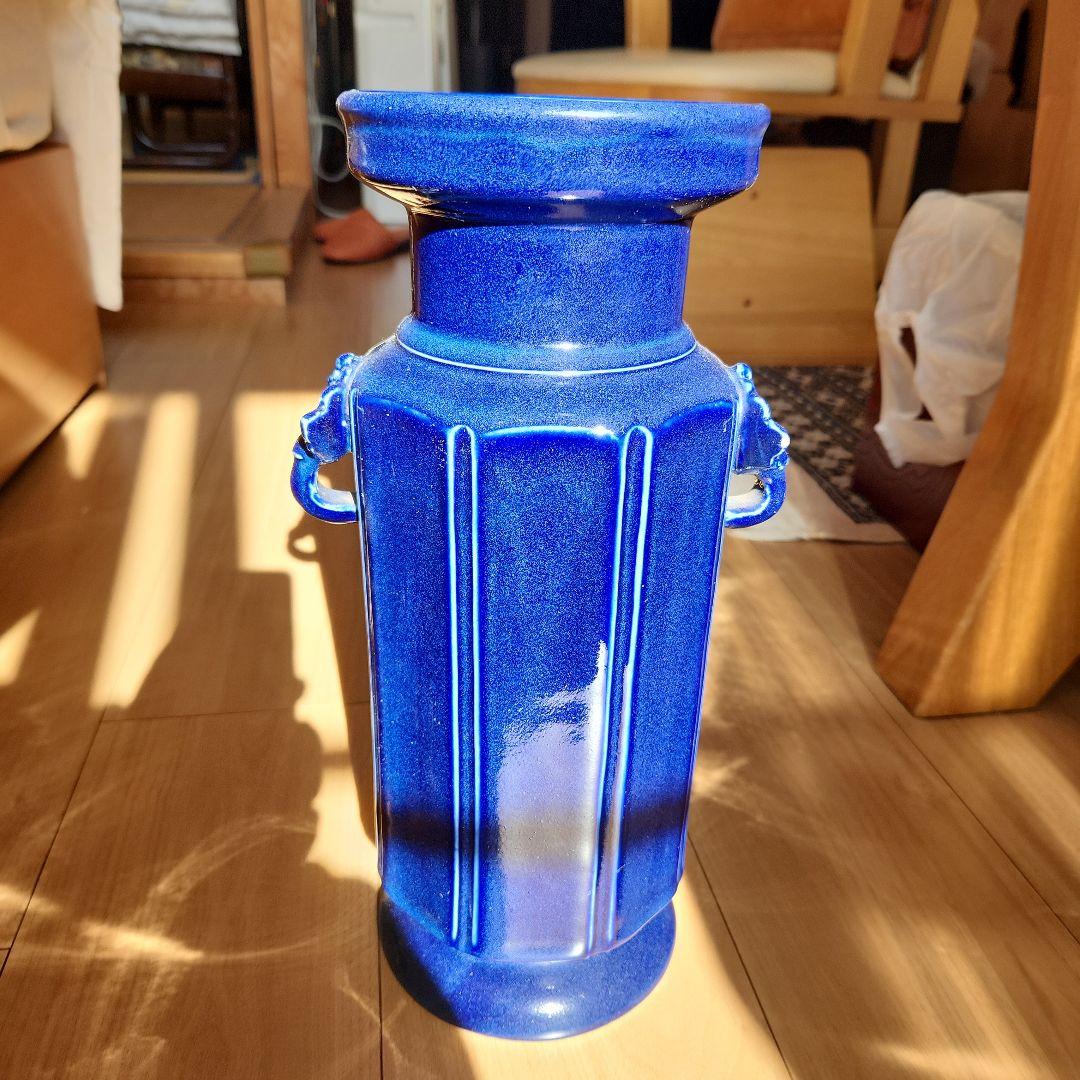 清朝瑠璃8面取り蜻蛉耳付き花入れ