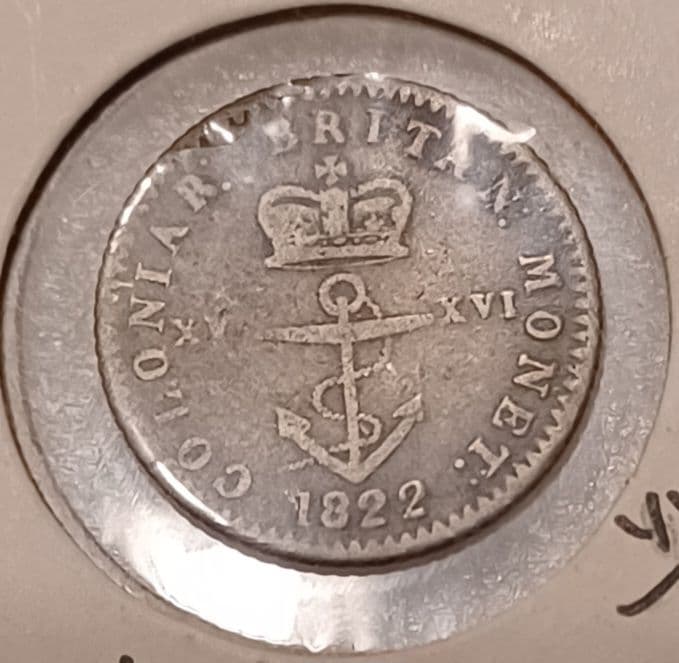 1822年(203年前)イギリス領西インド 1/16ドル銀貨 錨の上の王冠の銀貨