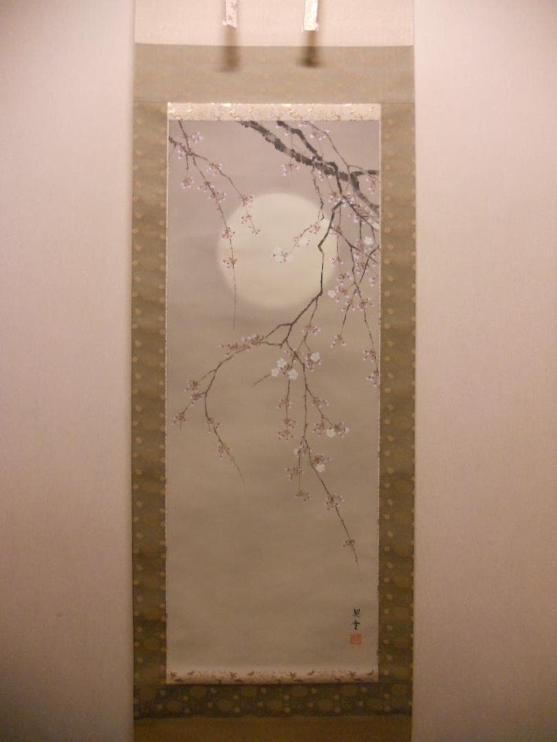 掛け軸 杉浦契雪 『 夜桜 』 絹本 希少 軸装 茶道具 掛軸 美品 です。