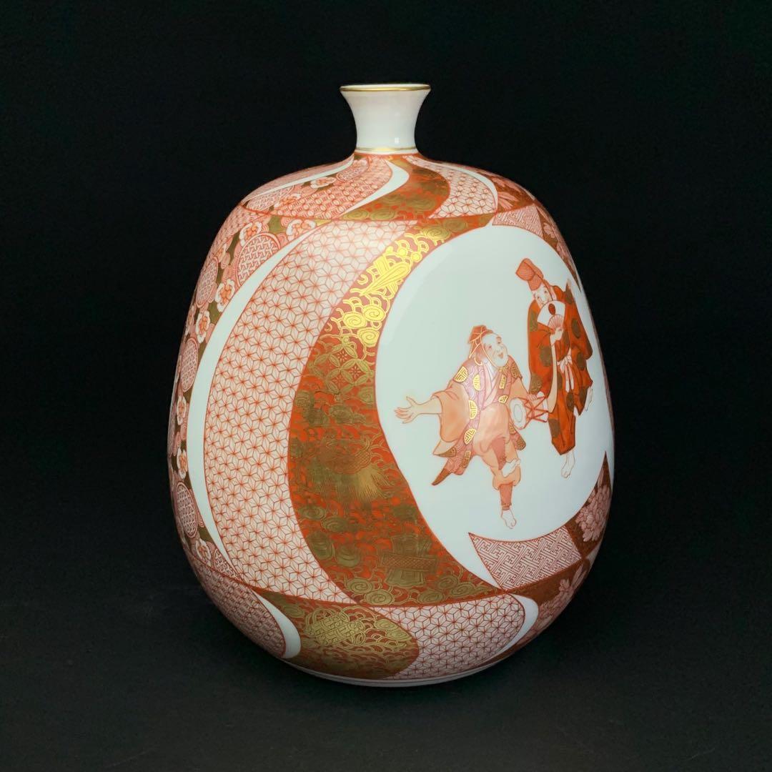 【福島武山 作】九谷焼 名工 『赤絵 江戸まつり』 九谷佐野窯 花瓶 共布 共箱