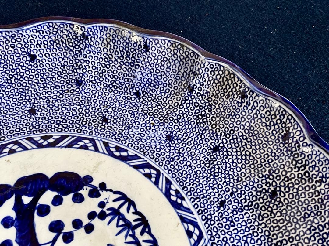 『母』 古伊万里 染付 印判 みじん唐草 尺4寸 大皿 （708D②）