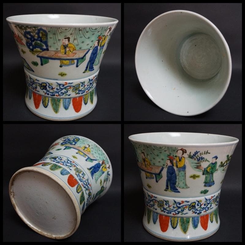 清 同治年製 粉彩色絵『人物物語文』花鉢 飾鉢/ 茶道具