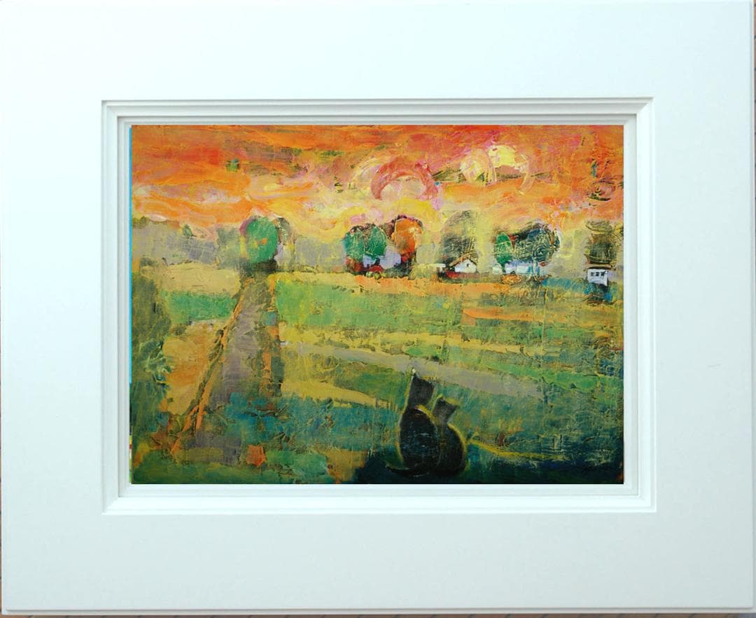 油絵 菅家令子 絵 絵画インテリア額付(黒)uF6-070919 夕朝陽 猫親子