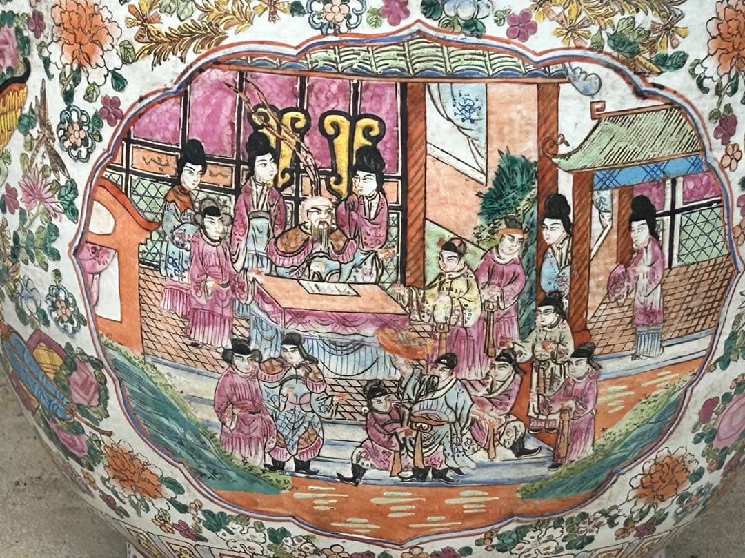 中国　粉彩人物花卉紋　植木鉢　大清乾隆年製銘　送料込み0717