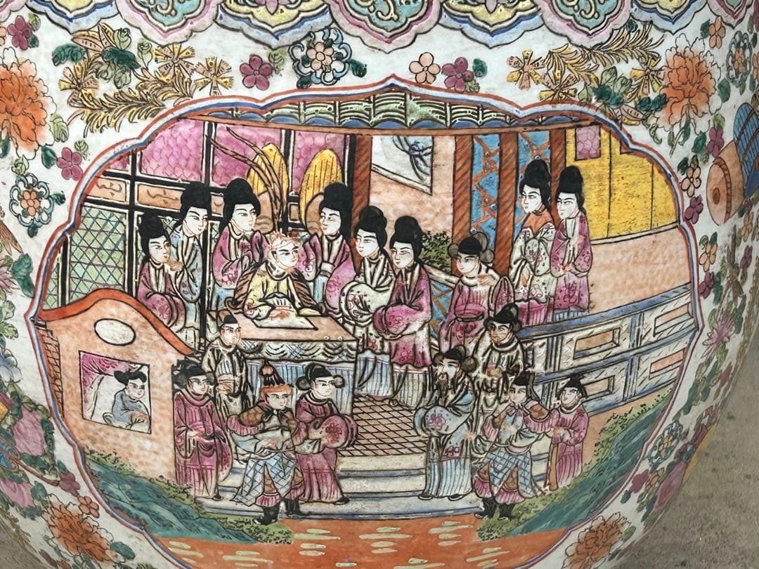 中国　粉彩人物花卉紋　植木鉢　大清乾隆年製銘　送料込み0717