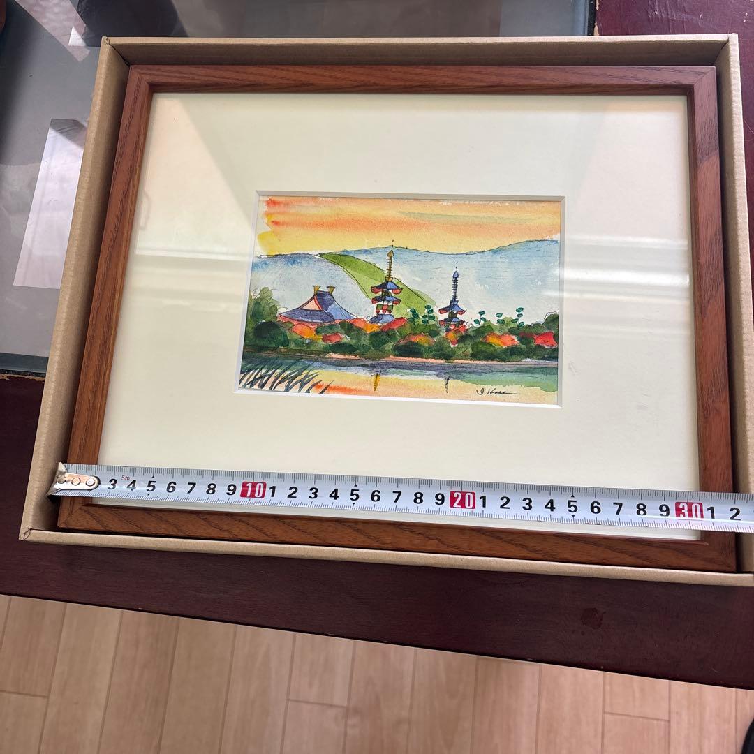 長谷岩友　水彩画 風景画 木製フレーム付き 約23cm x 17cm